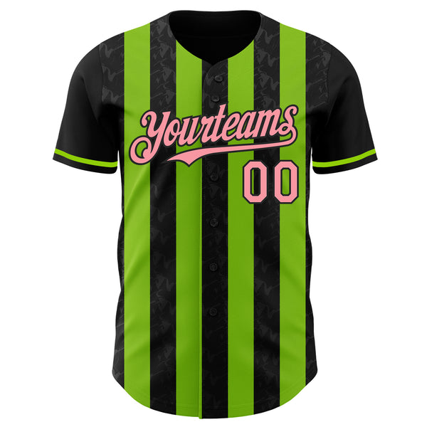 Custom Black Medium Pink-Neon Green Classic Vertical Stripe Fluid Liquid Texture Authentic Baseball Jersey