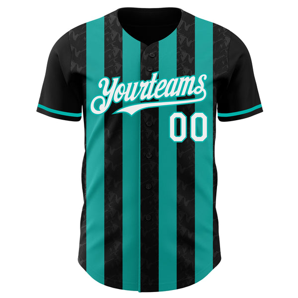 Custom Black White-Aqua Classic Vertical Stripe Fluid Liquid Texture Authentic Baseball Jersey