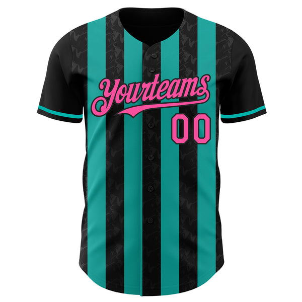 Custom Black Pink-Aqua Classic Vertical Stripe Fluid Liquid Texture Authentic Baseball Jersey
