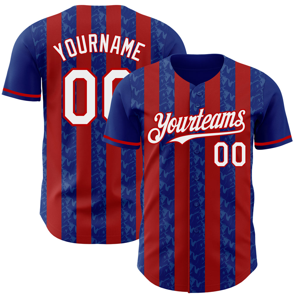 Custom Royal White-Red Classic Vertical Stripe Fluid Liquid Texture Authentic Baseball Jersey