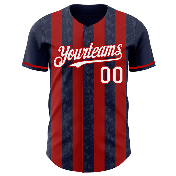Custom Navy White-Red Classic Vertical Stripe Fluid Liquid Texture Authentic Baseball Jersey