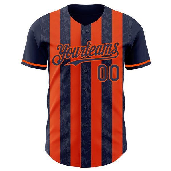 Custom Navy-Orange Classic Vertical Stripe Fluid Liquid Texture Authentic Baseball Jersey