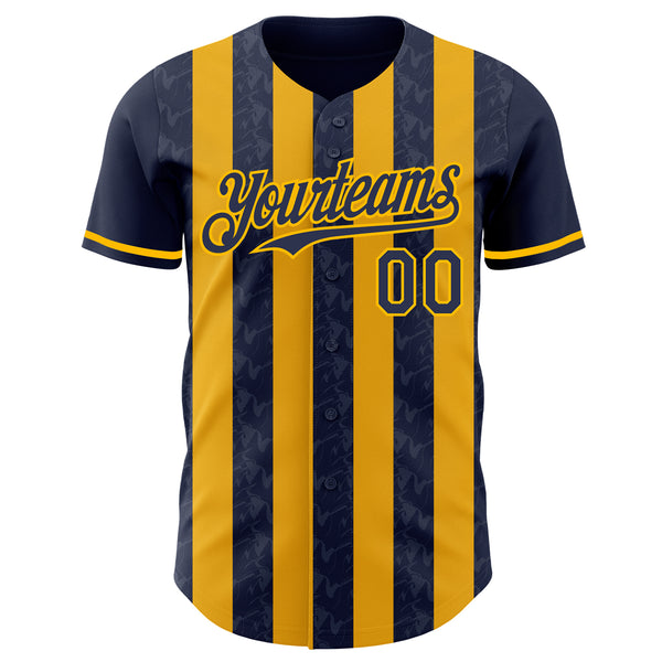 Custom Navy-Gold Classic Vertical Stripe Fluid Liquid Texture Authentic Baseball Jersey