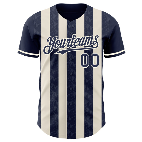 Custom Navy Cream-Cream Classic Vertical Stripe Fluid Liquid Texture Authentic Baseball Jersey