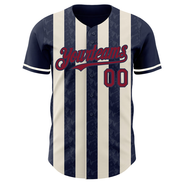 Custom Navy Crimson-Cream Classic Vertical Stripe Fluid Liquid Texture Authentic Baseball Jersey