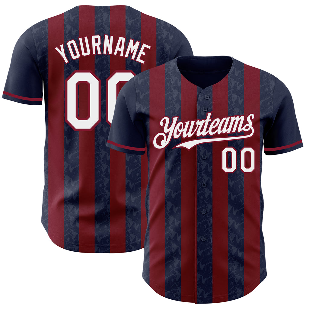 Custom Navy White-Crimson Classic Vertical Stripe Fluid Liquid Texture Authentic Baseball Jersey