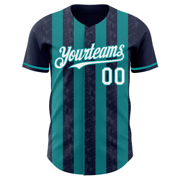 Custom Navy White-Teal Classic Vertical Stripe Fluid Liquid Texture Authentic Baseball Jersey