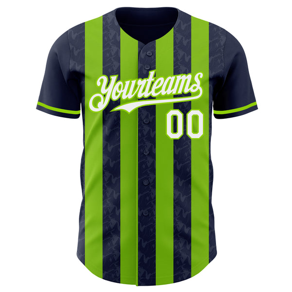 Custom Navy White-Neon Green Classic Vertical Stripe Fluid Liquid Texture Authentic Baseball Jersey