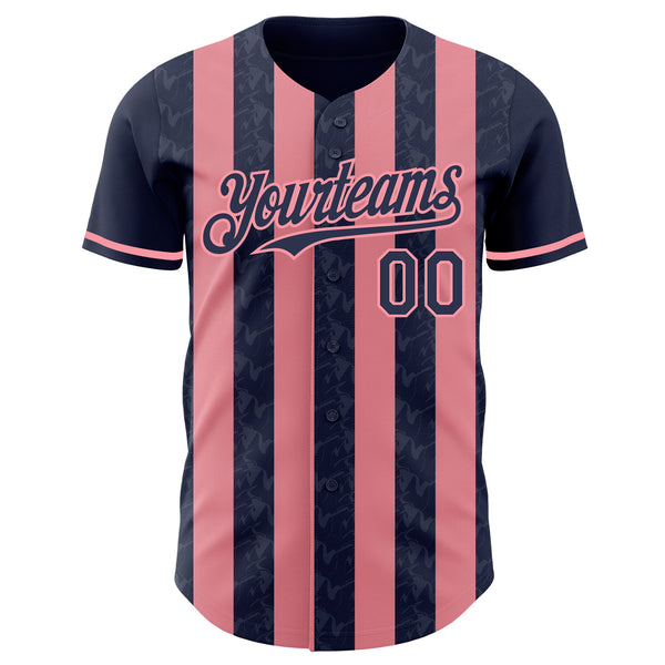 Custom Navy-Medium Pink Classic Vertical Stripe Fluid Liquid Texture Authentic Baseball Jersey