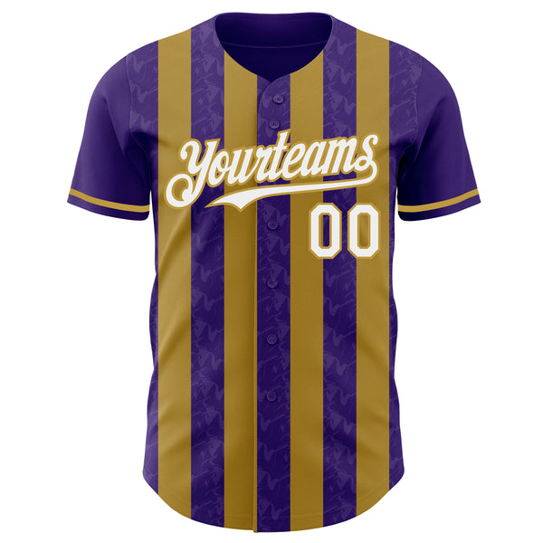Custom Purple White-Old Gold Classic Vertical Stripe Fluid Liquid Texture Authentic Baseball Jersey