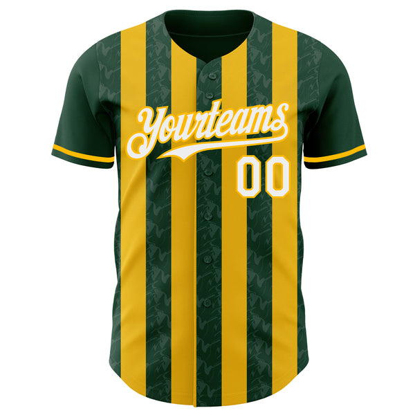 Custom Green White-Gold Classic Vertical Stripe Fluid Liquid Texture Authentic Baseball Jersey
