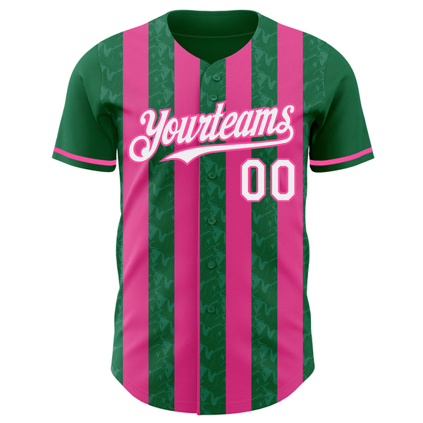 Custom Kelly Green White-Pink Classic Vertical Stripe Fluid Liquid Texture Authentic Baseball Jersey