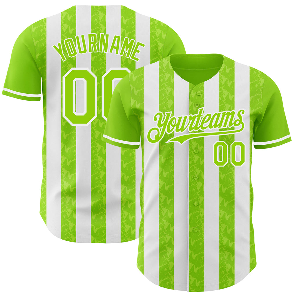 Custom Neon Green-White Classic Vertical Stripe Fluid Liquid Texture Authentic Baseball Jersey