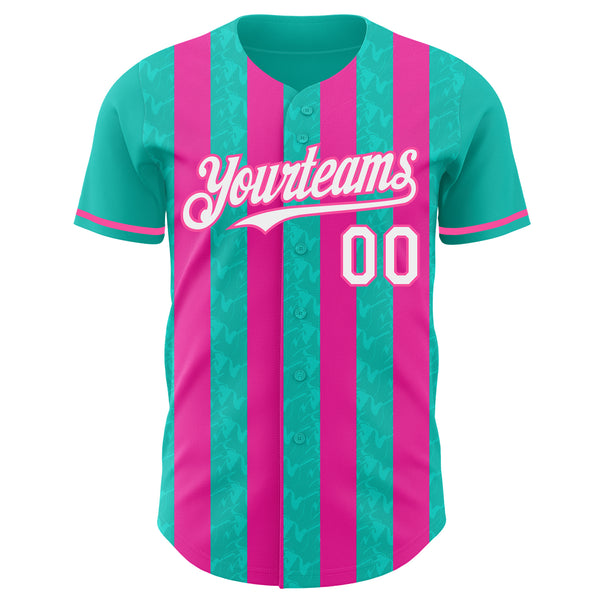 Custom Aqua White-Pink Classic Vertical Stripe Fluid Liquid Texture Authentic Baseball Jersey