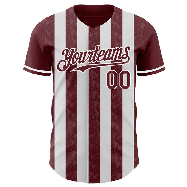 Custom Burgundy-White Classic Vertical Stripe Fluid Liquid Texture Authentic Baseball Jersey