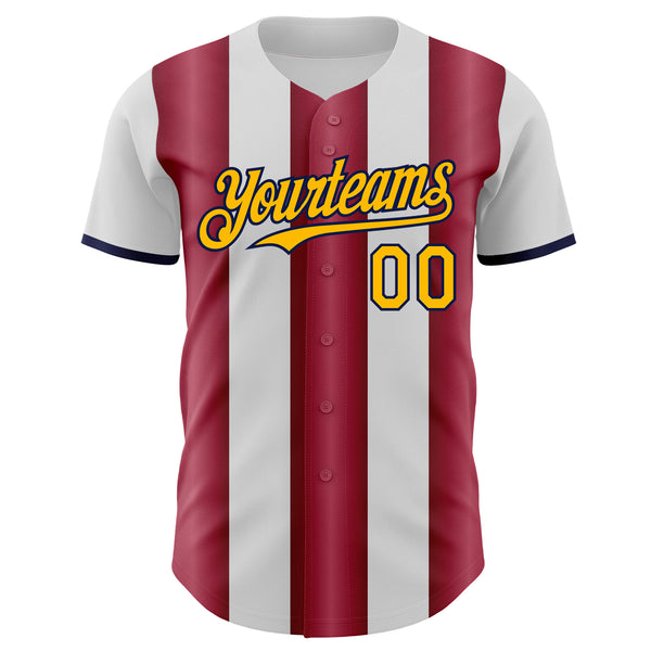Custom White Gold Crimson-Navy Gradient Vertical Stripe Argentina Style Authentic Baseball Jersey