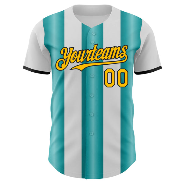 Custom White Gold Teal-Black Gradient Vertical Stripe Argentina Style Authentic Baseball Jersey