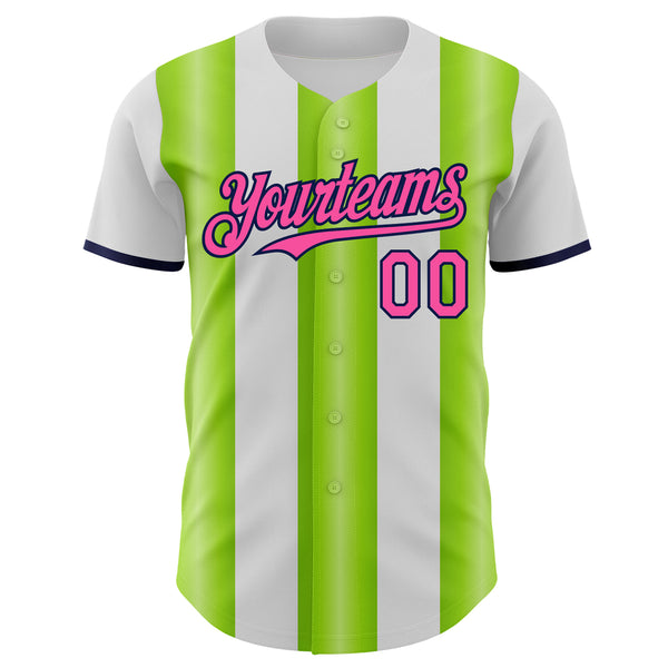 Custom White Pink Neon Green-Navy Gradient Vertical Stripe Argentina Style Authentic Baseball Jersey