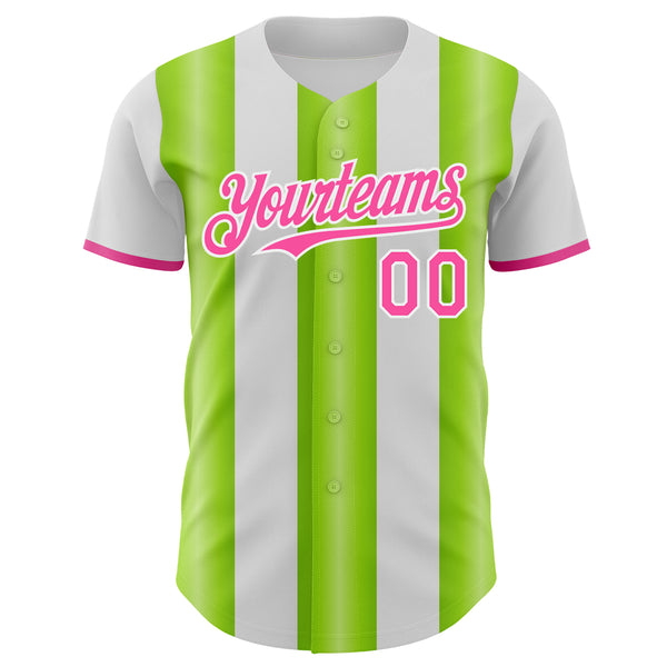 Custom White Pink-Neon Green Gradient Vertical Stripe Argentina Style Authentic Baseball Jersey