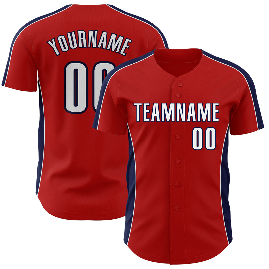 Custom Red White-Navy Classic Color Block Side Panel Stripe Authentic Baseball Jersey