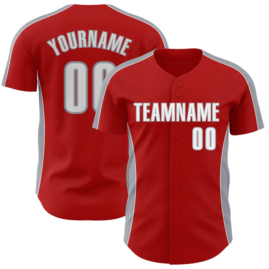 Custom Red White-Gray Classic Color Block Side Panel Stripe Authentic Baseball Jersey