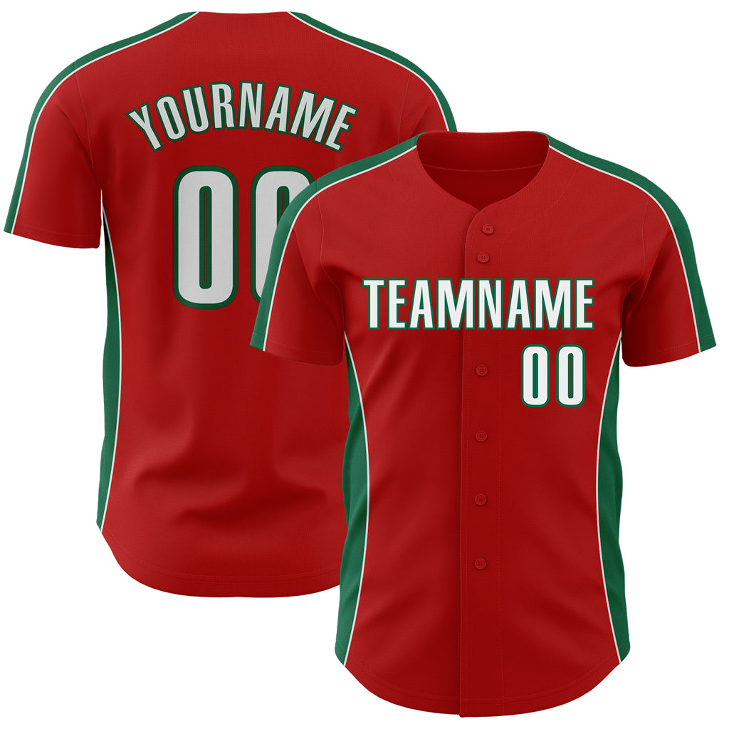 Custom Red White-Kelly Green Classic Color Block Side Panel Stripe Authentic Baseball Jersey