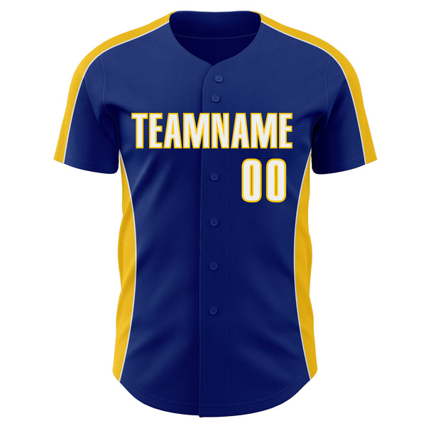 Custom Royal White-Yellow Classic Color Block Side Panel Stripe Authentic Baseball Jersey