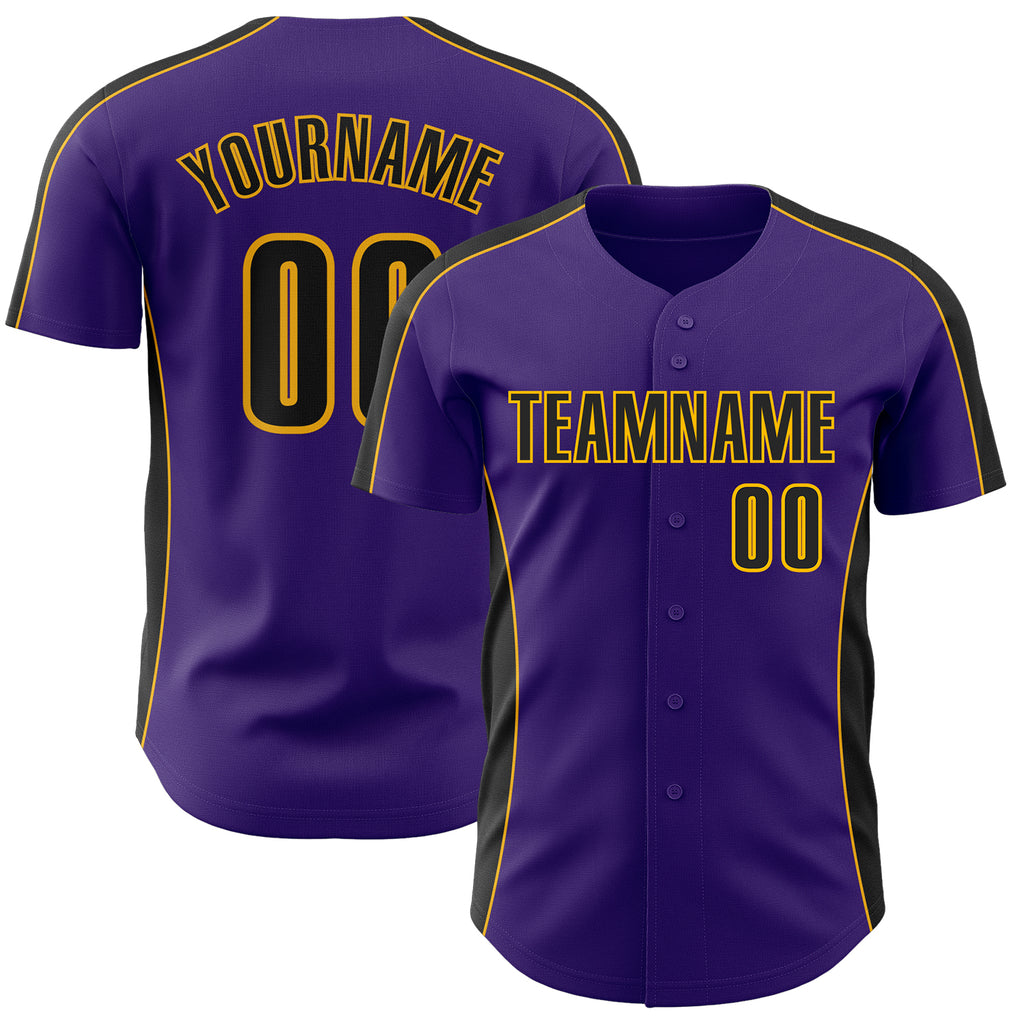 Custom Purple Black-Gold Classic Color Block Side Panel Stripe Authentic Baseball Jersey