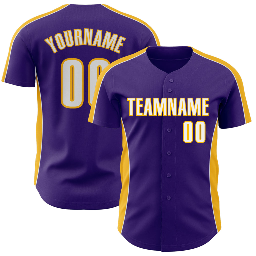 Custom Purple White-Gold Classic Color Block Side Panel Stripe Authentic Baseball Jersey