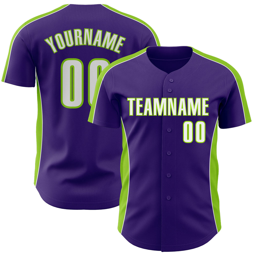 Custom Purple White-Neon Green Classic Color Block Side Panel Stripe Authentic Baseball Jersey