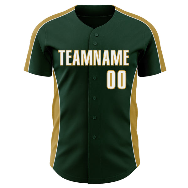 Custom Green White-Old Gold Classic Color Block Side Panel Stripe Authentic Baseball Jersey