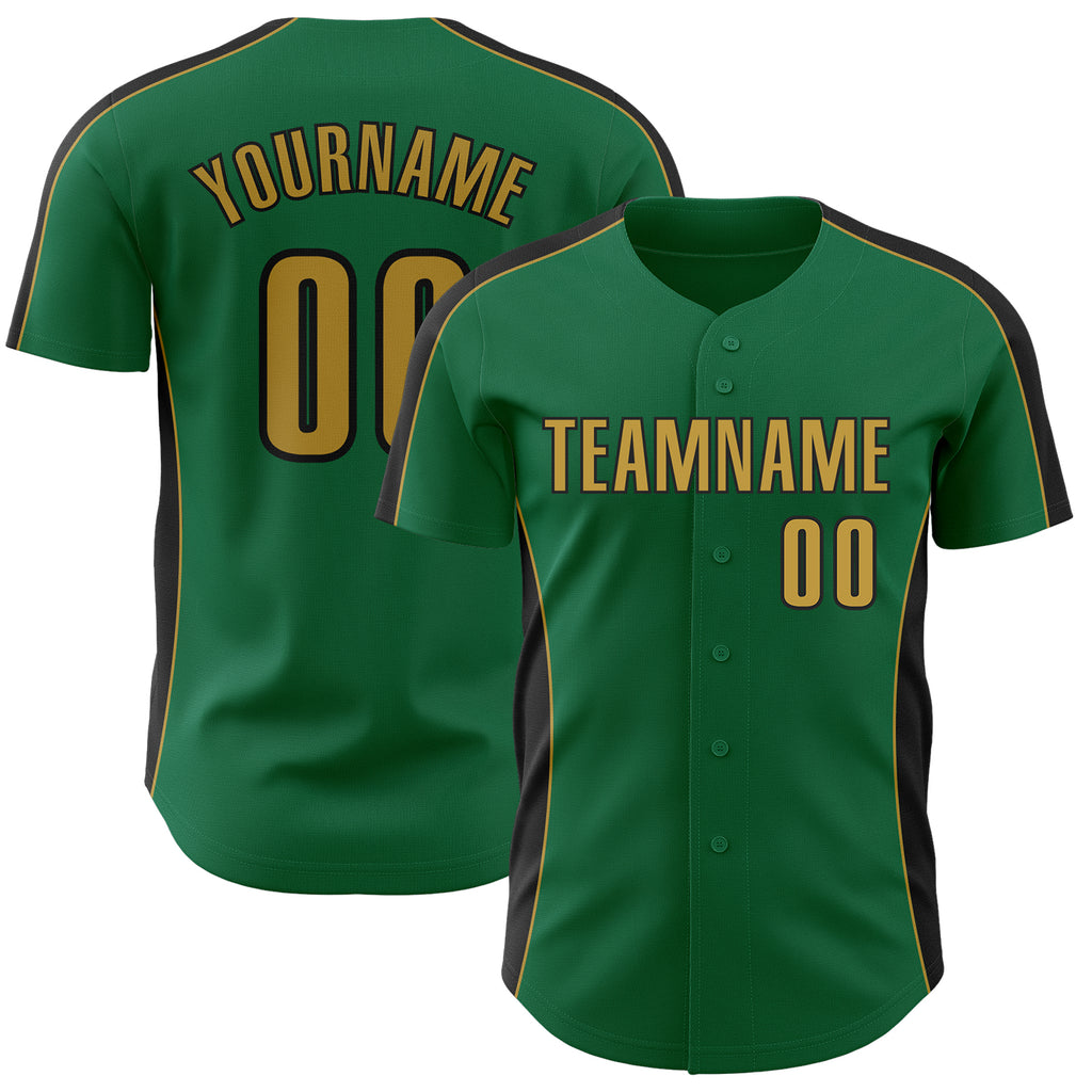 Custom Kelly Green Old Gold-Black Classic Color Block Side Panel Stripe Authentic Baseball Jersey