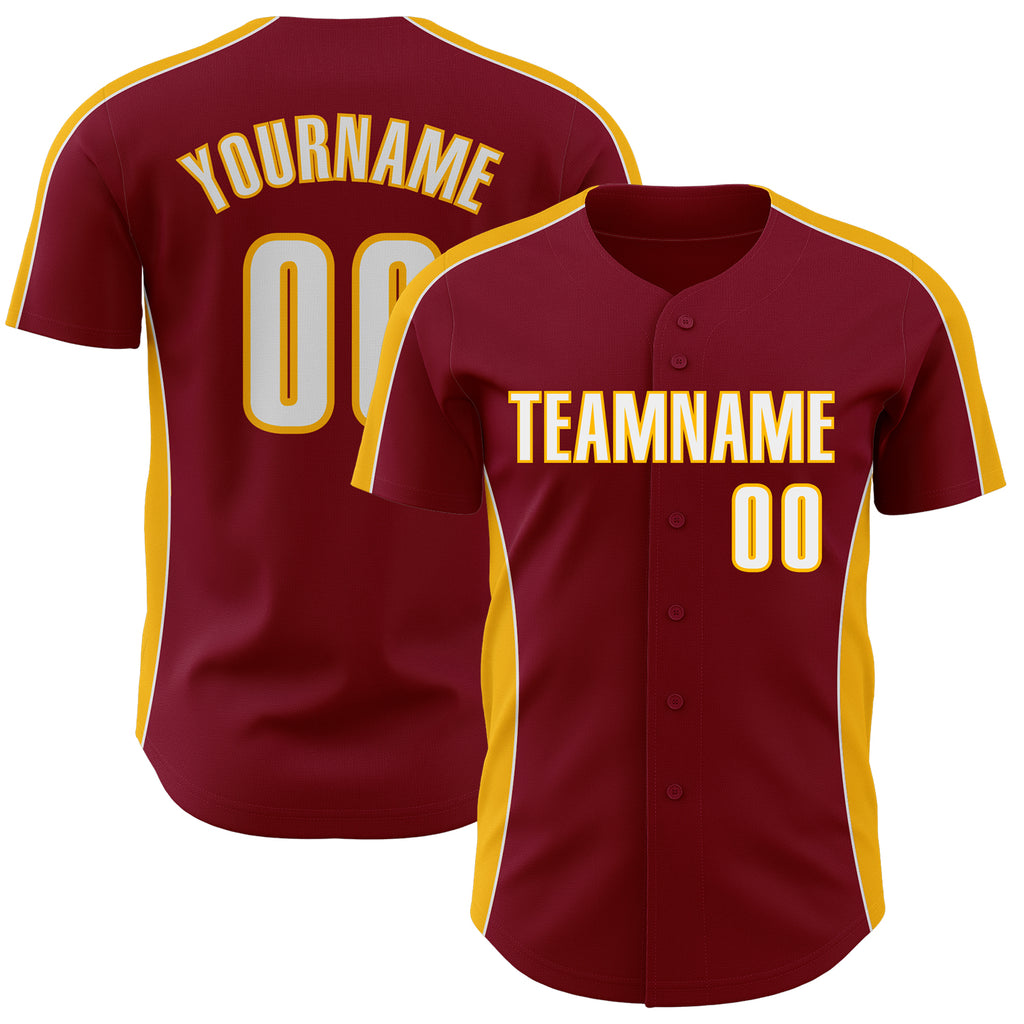 Custom Crimson White-Gold Classic Color Block Side Panel Stripe Authentic Baseball Jersey