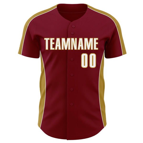 Custom Crimson White-Old Gold Classic Color Block Side Panel Stripe Authentic Baseball Jersey