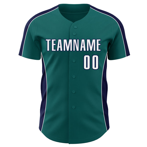 Custom Teal White-Navy Classic Color Block Side Panel Stripe Authentic Baseball Jersey