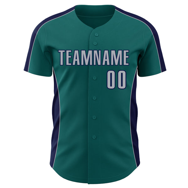 Custom Teal Gray-Navy Classic Color Block Side Panel Stripe Authentic Baseball Jersey