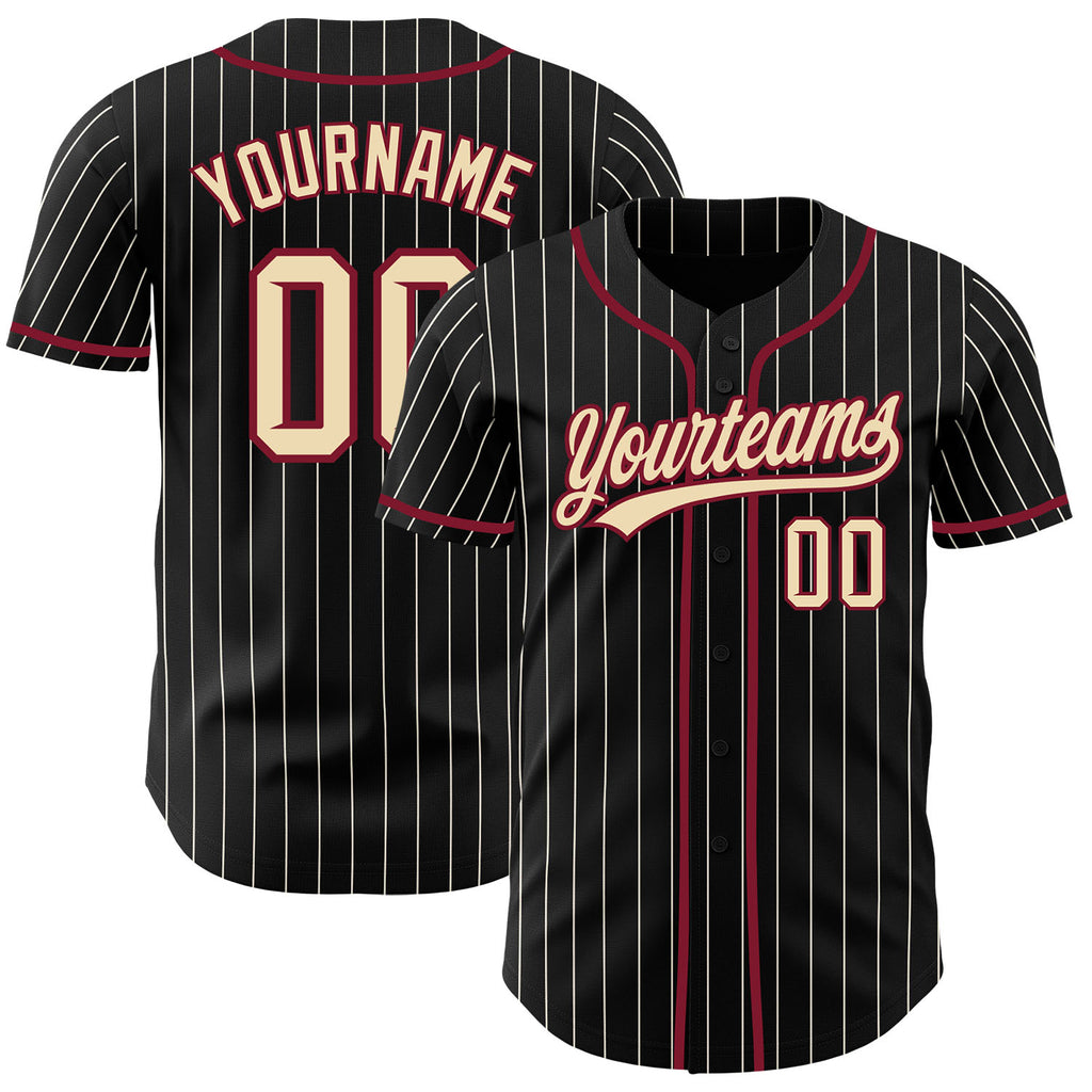Custom Black Cream Pinstripe-Crimson Authentic Baseball Jersey