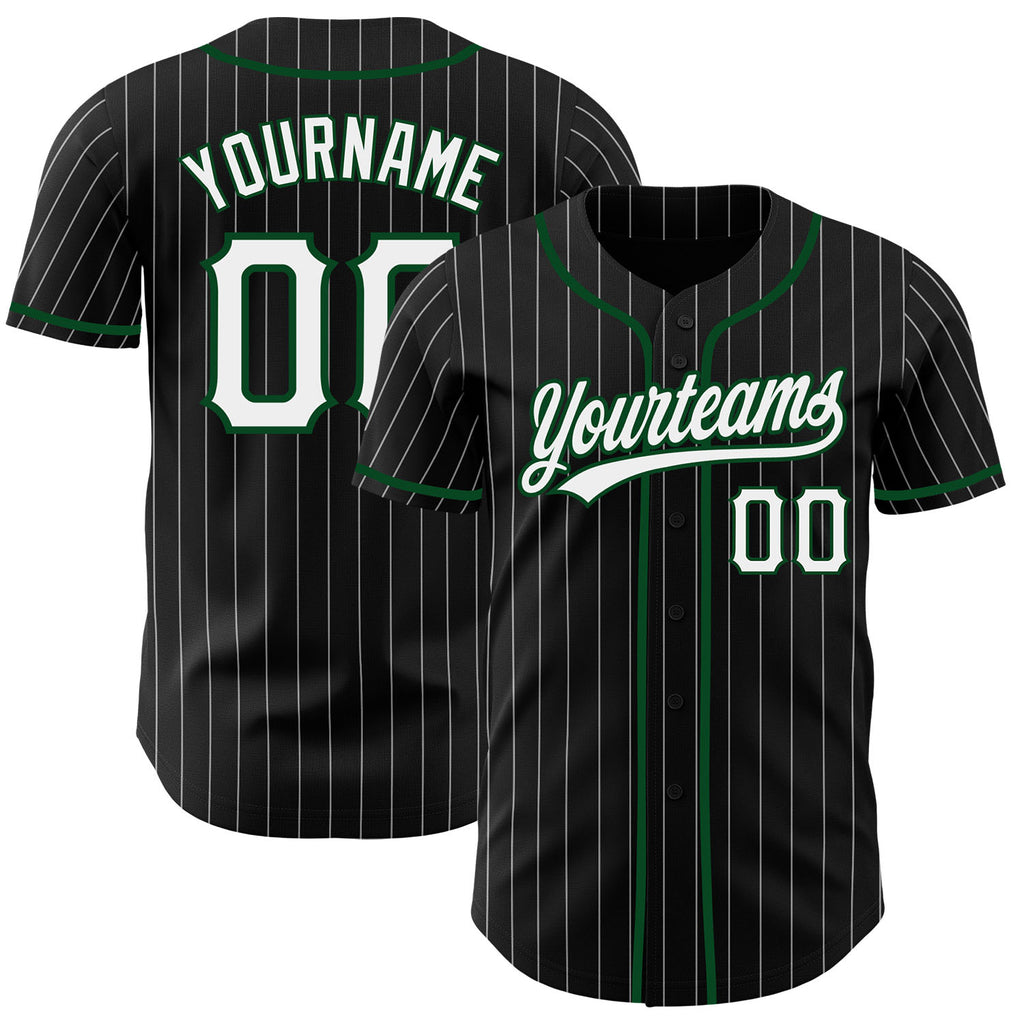Custom Black White Pinstripe-Green Authentic Baseball Jersey