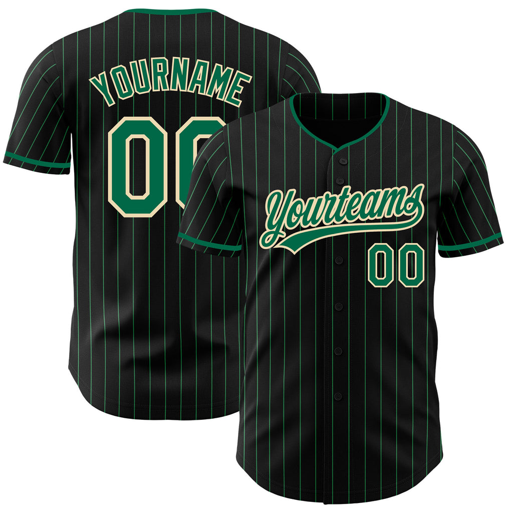 Custom Black Kelly Green Pinstripe-Cream Authentic Baseball Jersey
