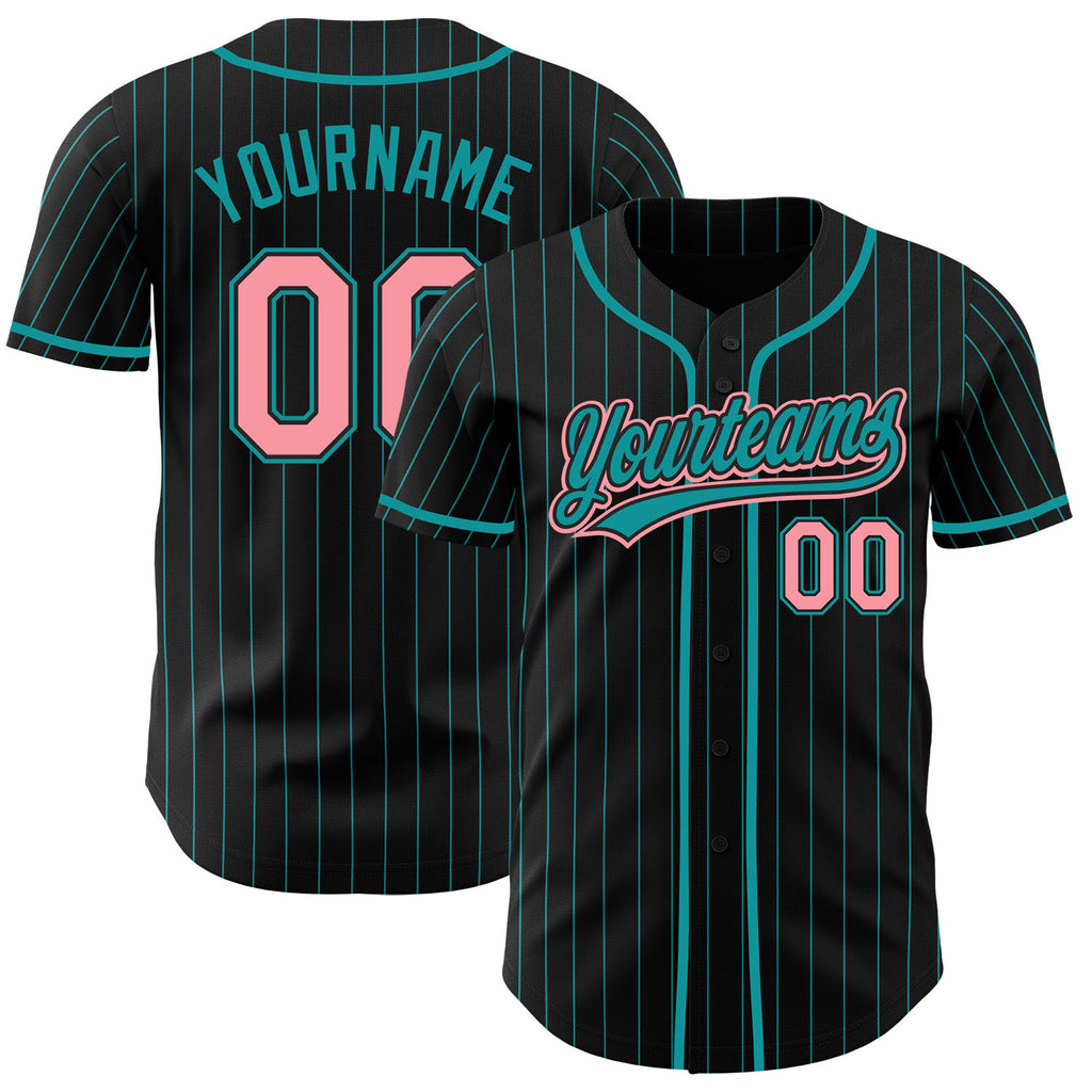 Custom Black Teal Pinstripe-Medium Pink Authentic Baseball Jersey
