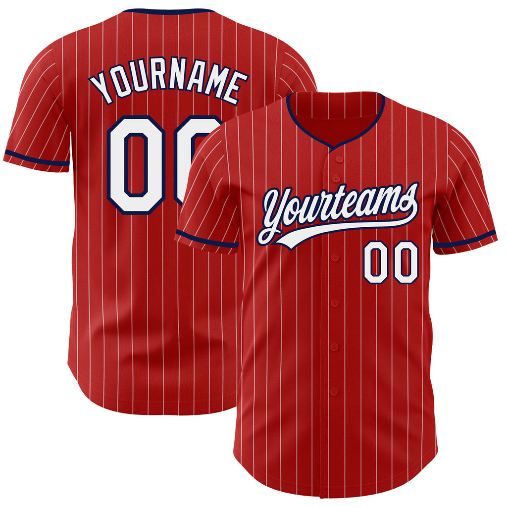 Custom Red White Pinstripe-Navy Authentic Baseball Jersey