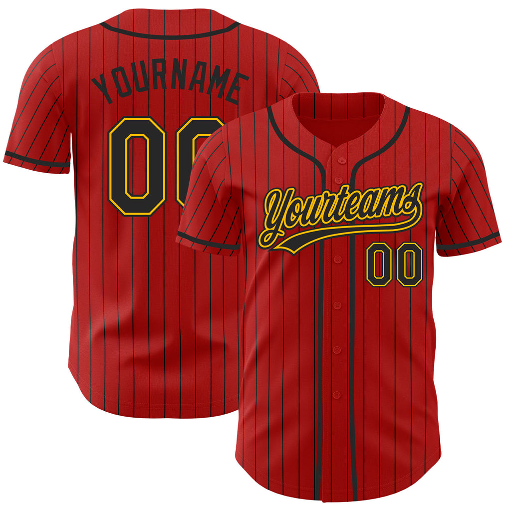 Custom Red Black Pinstripe-Gold Authentic Baseball Jersey