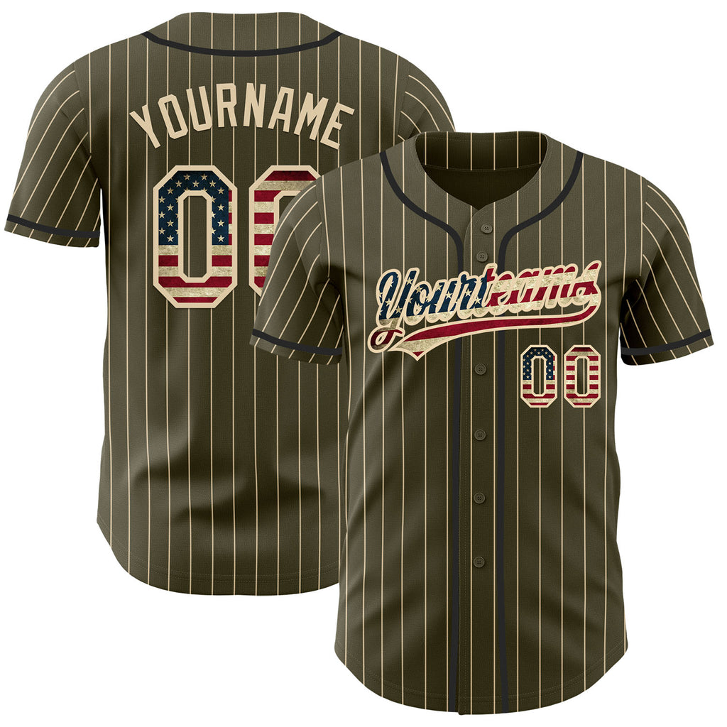 Custom Olive City Cream Pinstripe Vintage USA Flag-Black Authentic Baseball Jersey