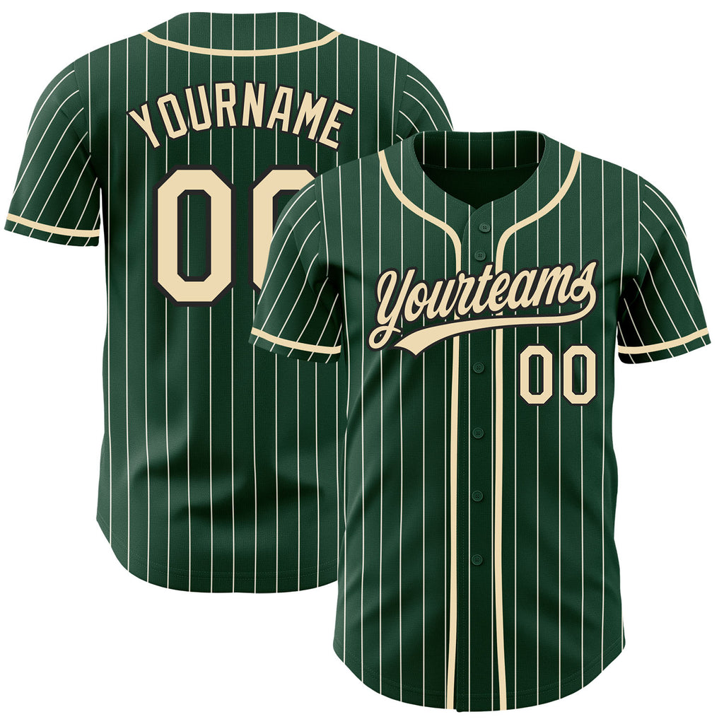 Custom Green Cream Pinstripe Cream-Black Authentic Baseball Jersey
