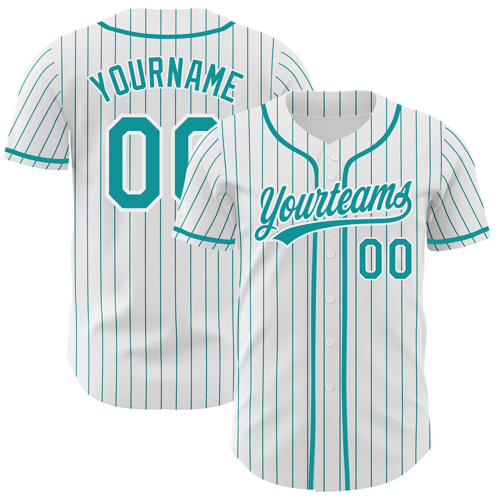 Custom White Teal Pinstripe Authentic Baseball Jersey