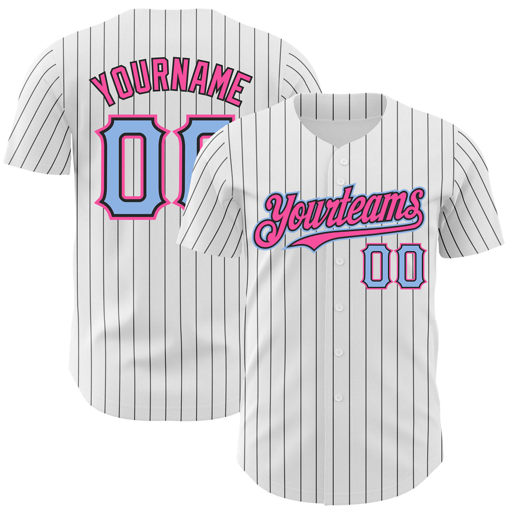 Custom White Black Pinstripe Light Blue-Pink Authentic Baseball Jersey