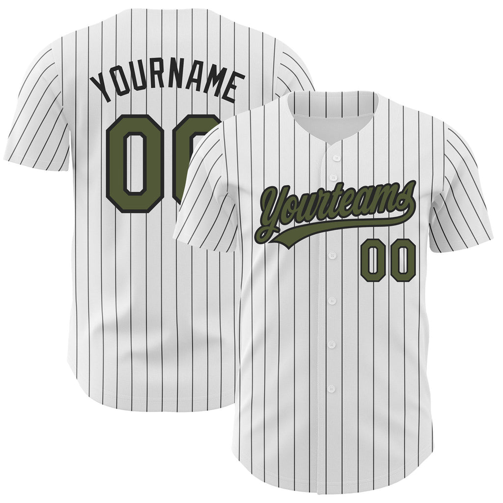 Custom White Black Pinstripe-Olive Authentic Baseball Jersey