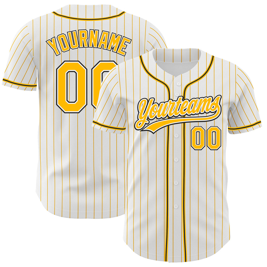 Custom White Gold Pinstripe-Black Authentic Baseball Jersey