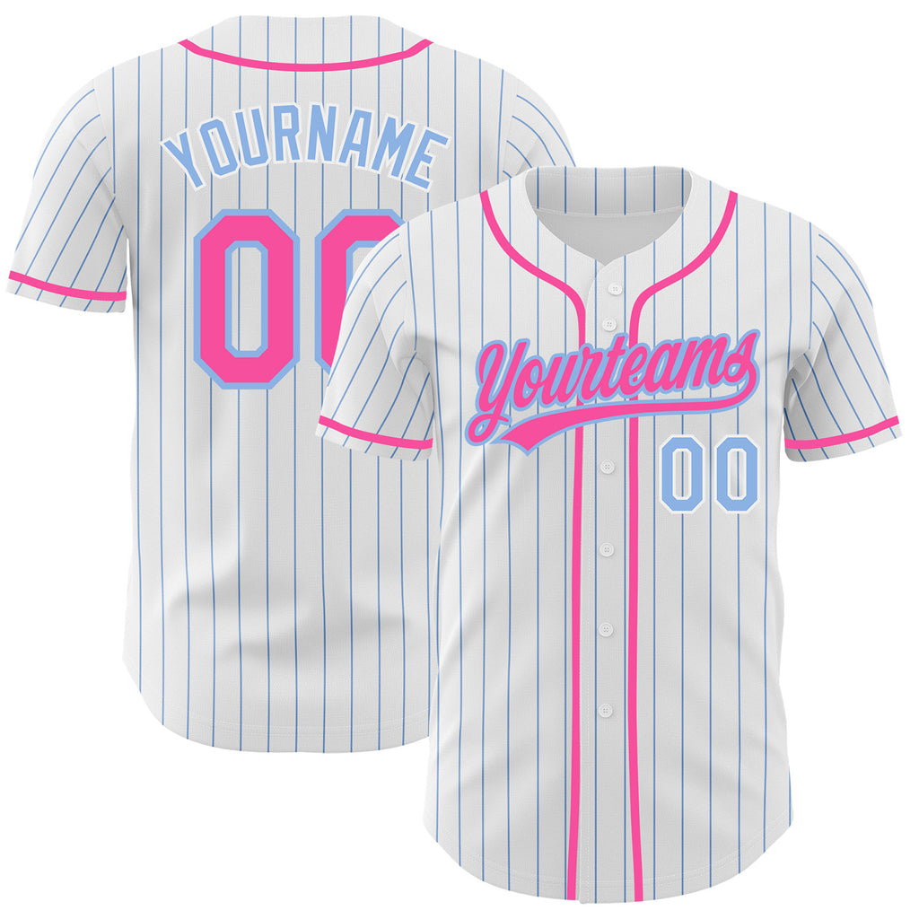 Custom White Light Blue Pinstripe-Pink Authentic Baseball Jersey