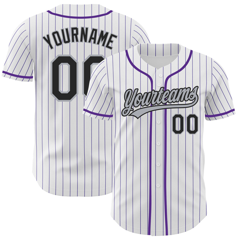Custom White Purple Pinstripe Black-Gray Authentic Baseball Jersey